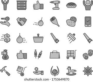 Thin line gray tint vector icon set - cargo trolley vector, dollar, chest of drawers, small rocking horse, shoes for little children, big core, drill, hand saw, arm, spatula, hammer with claw, shake