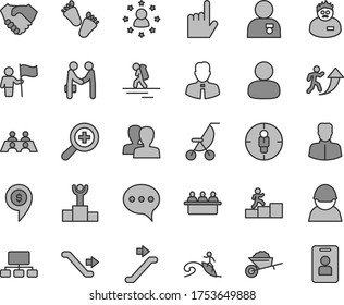 Thin line gray tint vector icon set - zoom vector, women, summer stroller, children's tracks, garden trolley, employee, index finger, speech, racer, court hearing, woman, man, goal, scheme, arrow up
