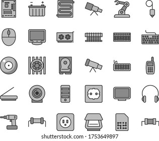Thin line gray tint vector icon set - camera vector, keyboard, cordless drill, power socket type b, f, plummet, heating coil, headphones, lens, battery, assembly robot, SIM, mobile phone, mouse, hdd