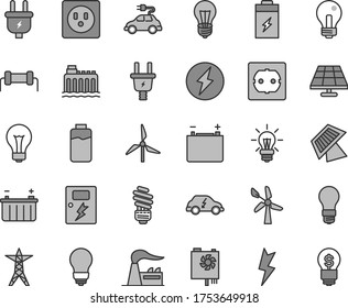 Thin line gray tint vector icon set - matte light bulb vector, incandescent lamp, saving, power socket type f, lightning, dangers, charge level, charging battery, solar panel, windmill, wind energy