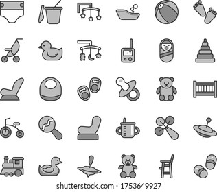 Thin line gray tint vector icon set - baby cot vector, toys over the cradle, dummy, mug for feeding, diaper, bib, beanbag, rattle, chair, car child seat, summer stroller, rubber duck, duckling, a