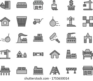 Thin line gray tint vector icon set - wicker pot vector, box of bricks, crane, house, dwelling, big core, building trolley, concrete mixer, paint roller, wooden brush, ladder, level, tile, brick