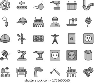 Thin line gray tint vector icon set - workman vector, hook, concrete mixer, cordless drill, sewerage, power socket type b, f, construction helmet, plummet, gear, core, sea port, oil derrick, battery