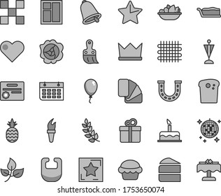 Thin line gray tint vector icon set - bib vector, balloon, cake, window, sample of colour, plastic brush, tile, bell, star, heart, gift, Easter, piece, slice, a plate fruit, pineapple, squash, luck