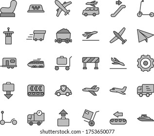 Thin line gray tint vector icon set - truck lorry vector, paper airplane, Baby chair, Kick scooter, child, traffic signal, delivery, shipment, conveyor, production, autopilot, trolley with coal