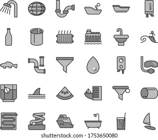 Thin line gray tint vector icon set - children's bathroom vector, bath, washbasin, shower, sewerage, heating coil, boiler, electronic, drop, small fish, a glass of soda, tea, slice water melon, pipe