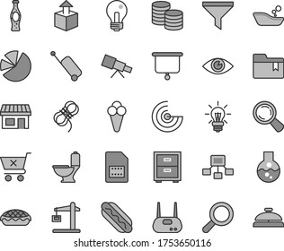 Thin line gray tint vector icon set - incandescent lamp vector, magnifier, bedside table, folder bookmark, children's bathroom, toilet, hawser, eye, crossed cart, coins, unpacking, Hot Dog, cone