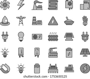 Thin line gray tint vector icon set - lightning vector, saving light bulb, heating coil, boiler, electronic, a bowl of buckwheat porridge, marine propeller, charge level, charging battery, factory