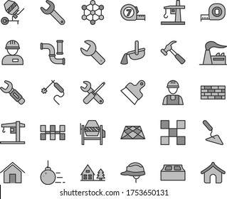 Thin line gray tint vector icon set - repair key vector, crane, builder, workman, brickwork, big core, building trowel, concrete mixer, small tools, measuring tape, long meashuring, tile, helmet