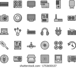 Thin line gray tint vector icon set - camera vector, laptop, keyboard, archive, electronic thermometer e, CD, cards, math actions, plug, processor, goal woman, pc tower, motherboard, gpu card, usb