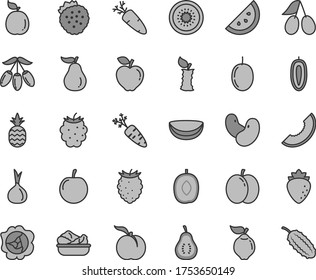 Thin line gray tint vector icon set - lettuce in a plate vector, carrot, strawberries, pineapple, orange slice, ripe peach, apple, squash, quince, red, raspberry, cornels, blackberry, tasty, guava