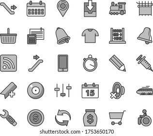 Thin line gray tint vector icon set - camera vector, bell, add bookmark, grocery basket, renewal, silent mode, rss feed, download archive data, abacus, calculation, calendar, smartphone, T shirt