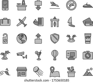 Thin line gray tint vector icon set - earth vector, plane, air balloon, security gate, suitcase, passort control, phone registration, baggage, getting, arrival, atm, credit card, hotel, uv cream