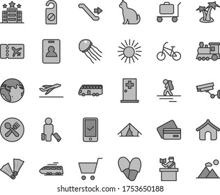 Thin line gray tint vector icon set - earth vector, train, bus, bike, backpacker, escalator, identity card, passenger, passort control, plane ticket, phone registration, departure, credit, boungalow