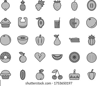 Thin line gray tint vector icon set - bib vector, broken heart, cake, muffin, slice, torte, glazed with a hole, glass of soda, pineapple, pear, orange, cherry, peach, grape, tasty apple, medlar