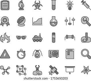 Thin line gray tint vector icon set - book vector, flask, test tube, molecule, electricity, glasses, zoom, bulb, settings, satellite, bactery, biohazard, oscilloscope, flame, scientist, clipboard