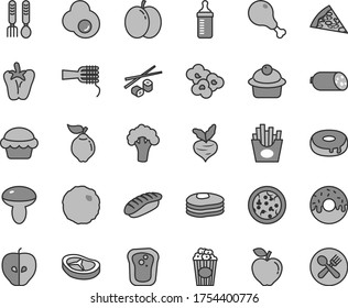 Thin line gray tint vector icon set - measuring bottle for feeding vector, iron fork spoons, sausage, pizza, piece of, noodles, mushroom, cake, muffin, with a hole, glazed, chicken leg, bacon, peper
