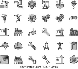 Thin line gray tint vector icon set - repair key vector, crane, tower, hook, cogwheel, adjustable wrench, construction helmet, working oil derrick, water pipes, hydroelectricity, power line, pole