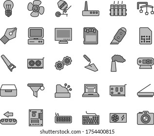 Thin line gray tint vector icon set - laptop vector, monitor, keyboard, toys over the cot, gears, trowel, concrete mixer, hand saw, knife, radiator, drawer, fan screw, manufacture, bulb, SIM, card