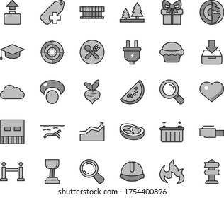 Thin line gray tint vector icon set - heart symbol vector, add label, construction helmet, put in a box, square academic hat, cake, bacon, slice of water melon, beet, mashroom, battery, plug, forest