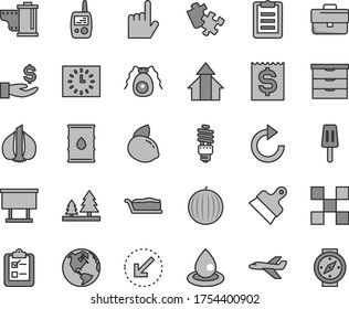 Thin line gray tint vector icon set - briefcase vector, clockwise, camera roll, storage unit, toy mobile phone, Puzzle, tile, putty knife, left bottom arrow, index finger, survey, cake slice, garlic