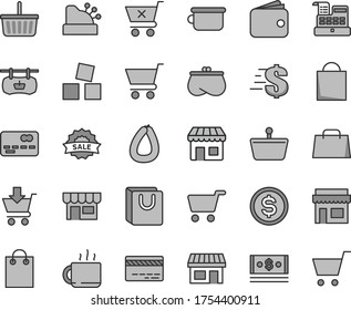 Thin line gray tint vector icon set - paper bag vector, grocery basket, bank card, dollar, children's potty, cubes for children, cart, put in, crossed, with handles, kiosk, stick of sausage, cup tea