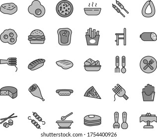 Thin line gray tint vector icon set - plates and spoons vector, a chair for feeding, plastic fork, iron, sausage, stick of, cheese, pizza, piece, mini hot dog, burger, spaghetti, noodles, porridge