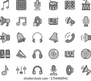 Thin line gray tint vector icon set - bell vector, desktop microphone, horn, loudspeaker, silent mode, drumroll, drum, headphones, music, regulator, volume, no sound, phone call, megaphone, pc card