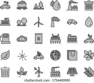 Thin line gray tint vector icon set - bin vector, dust, drop, bag with handles, solar panel, leaves, leaf, gas station, windmill, wind energy, manufacture, factory, oil, hydroelectric, trees, forest