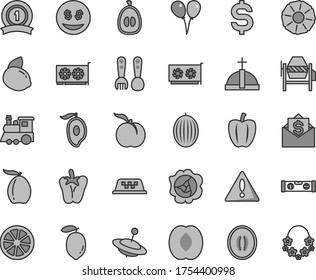 Thin line gray tint vector icon set - warning vector, plastic fork spoons, children's train, yule, colored air balloons, concrete mixer, building level, peper, ripe peach, squash, melon, loquat