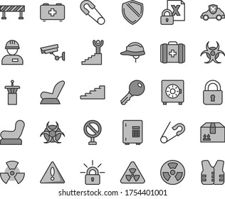 Thin line gray tint vector icon set - warning vector, prohibition, Baby chair, car child seat, safety pin, open, bag of a paramedic, medical, workman, helmet, road fence, lock, key, strongbox, safe