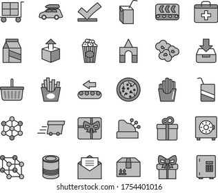 Thin line gray tint vector icon set - cargo trolley vector, grocery basket, first aid kit, e, packing of juice with a straw, box bricks, received letter, put in, strongbox, cardboard, gift, package