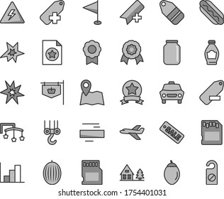Thin line gray tint vector icon set - danger of electricity vector, add bookmark, minus, label, remove, pennant, negative histogram, toys over the cot, winch hook, car, Hot Dog, bottle, melon, jar