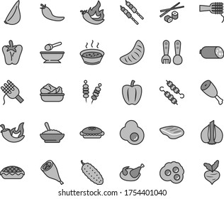 Thin line gray tint vector icon set - deep plate with a spoon vector, plastic fork spoons, sausage, fried vegetables on sticks, spaghetti, noodles, pie, apple, bowl of buckwheat porridge, lettuce