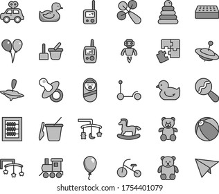 Thin line gray tint vector icon set - toys over the cradle vector, cot, dummy, new abacus, beanbag, baby rattle, rubber duck, duckling, bath ball, stacking rings, motor vehicle present, toy phone