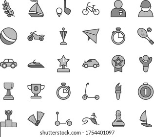 Thin line gray tint vector icon set - stopwatch vector, bath ball, motor vehicle, Kick scooter, child, timer, racer, retro car, flame torch, winner, laurel branch, podium, prize, gold cup, pawn