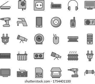 Thin line gray tint vector icon set - camera vector, keyboard, cordless drill, power socket type f, faucet mixer, headphones, screen, smartphone, lens, battery, plug, electric, SIM, mobile phone
