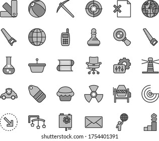 Thin line gray tint vector icon set - toys over the cot vector, baby bath ball, books, concrete mixer, hand saw, arm, color samples, earth, delete page, label, right bottom arrow, cake, flask, pan