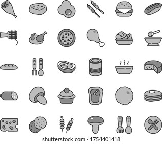 Thin line gray tint vector icon set - deep plate with a spoon vector, plastic fork spoons, iron, sausage, piece of cheese, loaf, tin, fried vegetables on sticks, pizza, big burger, noodles, mushroom