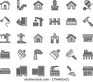 Thin line gray tint vector icon set - house vector, box of bricks, crane, tower, dwelling, building trowel, concrete mixer, paint roller, siphon, buildings, city block, ceramic tiles, brick, spatula