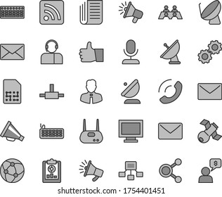 Thin line gray tint vector icon set - monitor window vector, horn, rss feed, employee, envelope, thumb up, phone call, operator, satellite dish, antenna, SIM, connections, statistical overview, mail