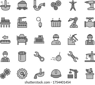 Thin line gray tint vector icon set - tower crane vector, builder, workman, concrete mixer, drill, sewerage, construction helmet, plummet, star gear, core, coal mining, valve, battery, power line