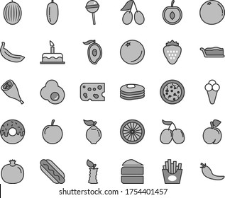 Thin line gray tint vector icon set - cake vector, piece of cheese, pizza, Hot Dog, slice, glazed with a hole, grill chicken leg, Chupa Chups, French fries, cone, fried egg, strawberry, pancakes