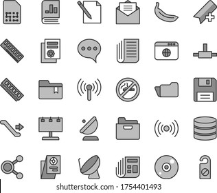 Thin line gray tint vector icon set - add bookmark vector, folder, received letter, speech, notes, banana, satellite dish, antenna, SIM, billboard with illumination, connections, book on statistics