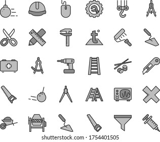 Thin line gray tint vector icon set - scissors vector, cross, bag of a paramedic, winch hook, big core, garden trolley, trowel, building, concrete mixer, cordless drill, hand saw, arm, paint roller