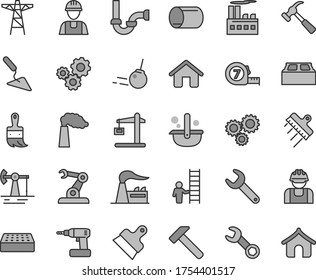 Thin line gray tint vector icon set - house vector, builder, building trowel, cordless drill, long meashuring tape, wooden paint brush, sewerage, brick, block, putty knife, spatula, hammer, core