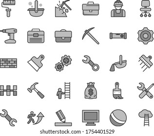 Thin Line Gray Tint Vector Icon Set - Paint Roller Vector, Monitor Window, Briefcase, Bath Ball, Brickwork, Cogwheel, Small Tools, Drill, Wooden Brush, Portfolio, Construction Level, Drawing, Gears