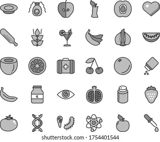 Thin line gray tint vector icon set - heart symbol vector, powder, baby, mercury thermometer, medical bag, eye, a plate of milk, tomato, cocktail, jar jam, strawberry, orange, mint, cherry, banana