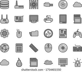 Thin line gray tint vector icon set - monitor vector, keyboard, CD, onion, part of guava, calculator, tablet pc, fan, radiator, mouse, motherboard, memory, card, router, printer, network, folder, sd