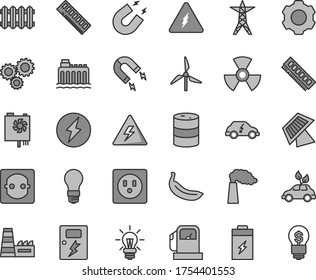 Thin line gray tint vector icon set - danger of electricity vector, dangers, new radiator, banana, charging battery, gas station, windmill, manufacture, barrel, light bulb, hydroelectricity, socket